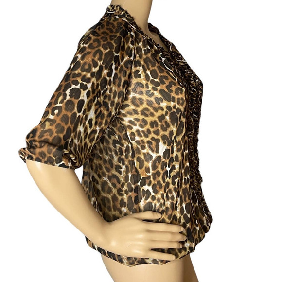 Express Women's Sheer Leopard Cheetah‎ Blouse Top XS Ruffled Pullover Style - Picture 3 of 10
